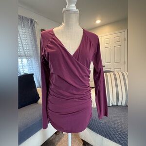 Garnet Hill Draped Wrap Top Plum Long Sleeve Ruched Blouse Medium